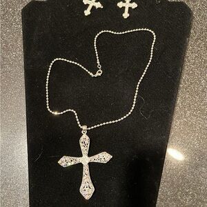 Elegant Silver Cross Necklace and Earring Set
